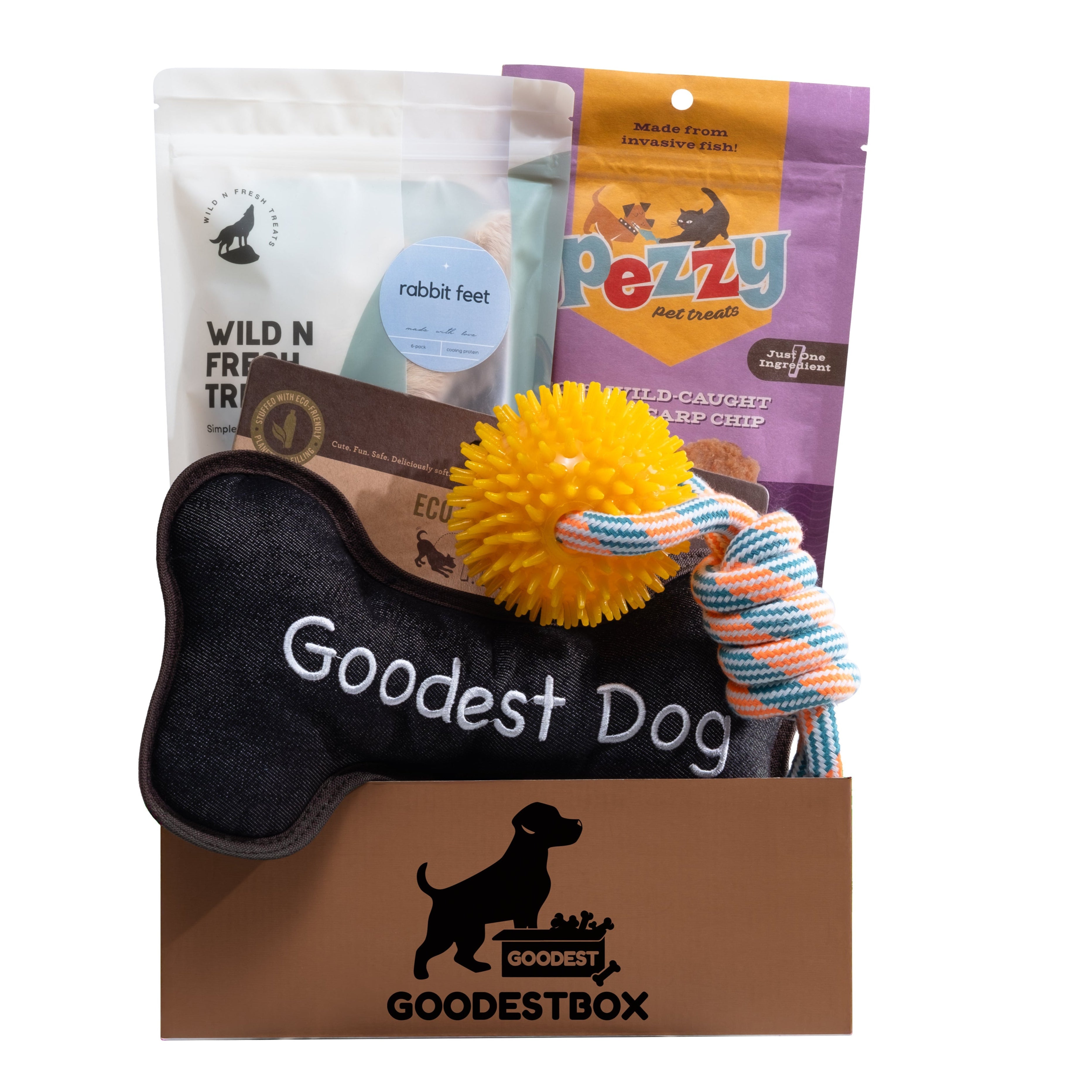 Dog toy set with 'Goodest Dog' packaging on a white background